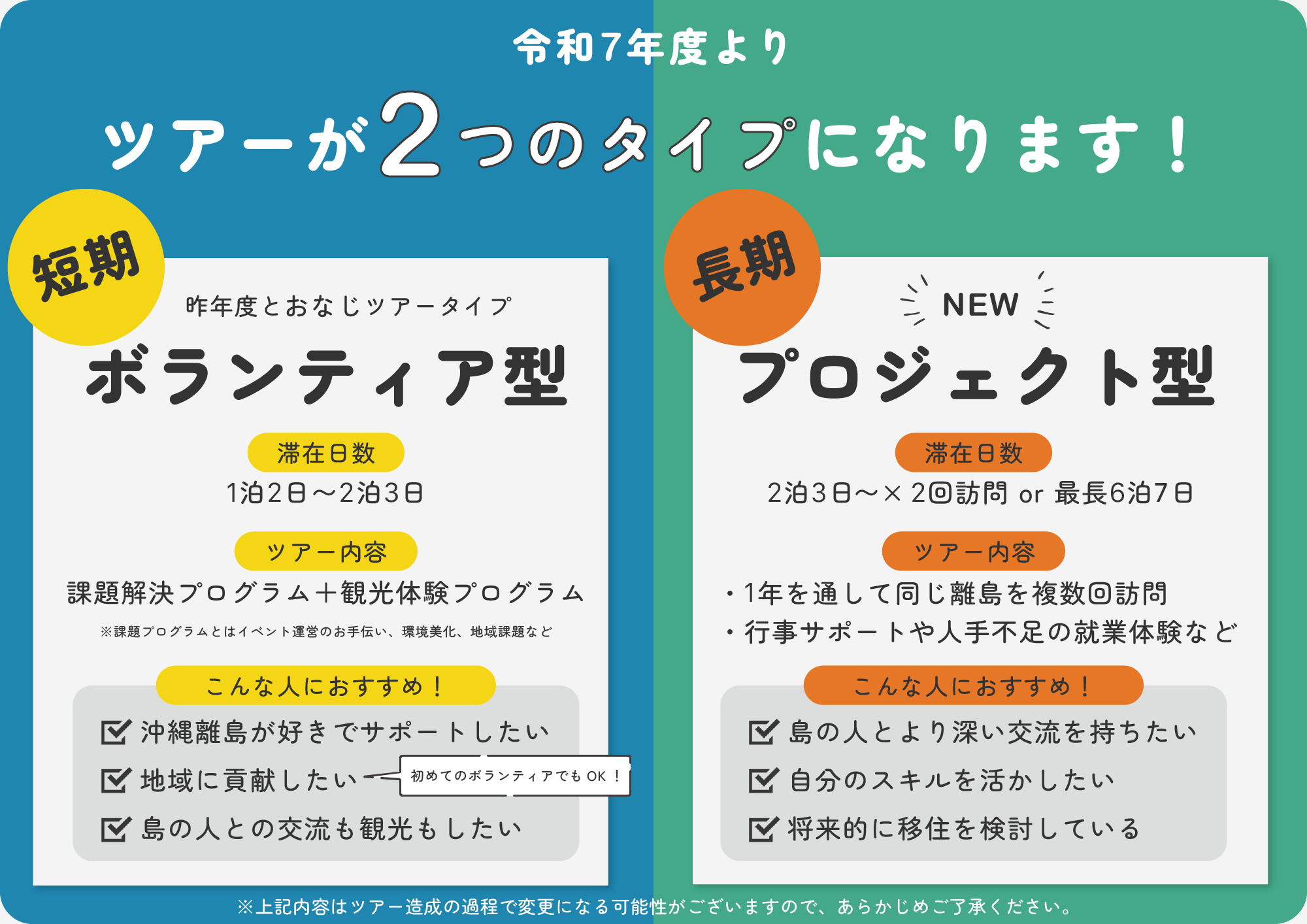 ツアーが2つのタイプになります